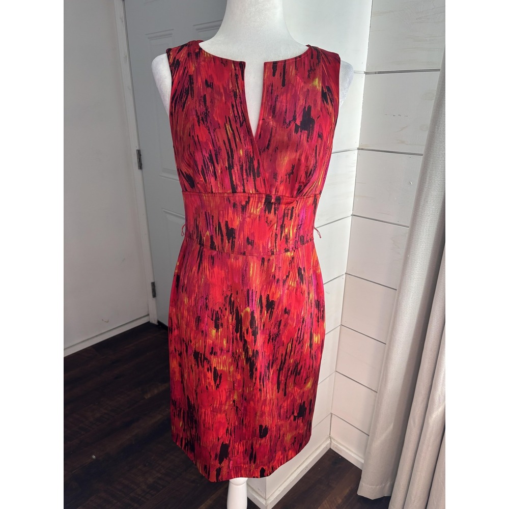Kay Unger New York Dress Womens 6 Red Silk Blend Sheath Sleeveless Lined V Neck